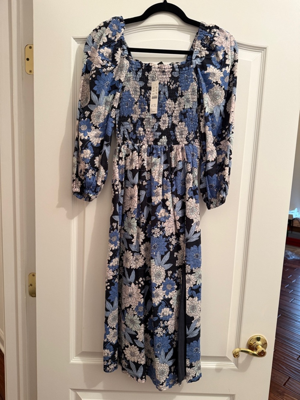 J. Crew Blue and White Floral Smocked Midi Dress